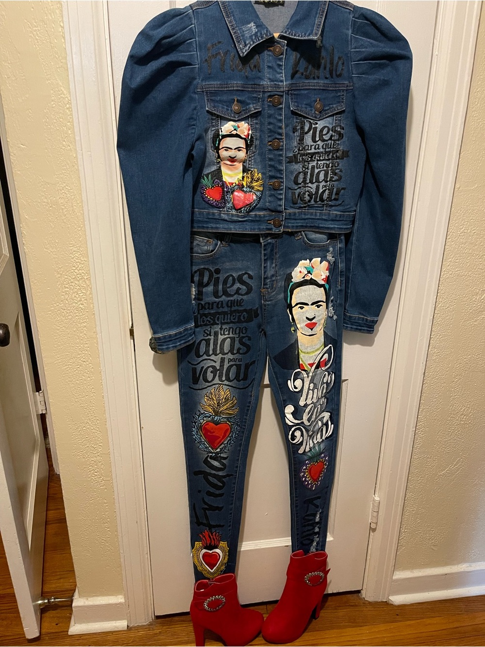 Hand-Painted Frida Kahlo wearable art Denimland Jacket & Jeans Set Small